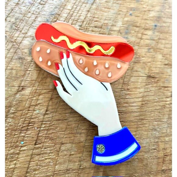 lipstick & chrome Jewelry - Bessie's Special Hot Dog Brooch | Quirky Food Jewelry | Lipstick & Chrome